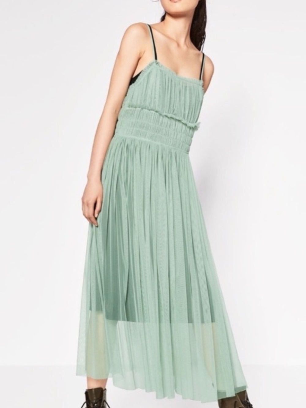 Zara Womens Medium Trafaluc Collection Dreamy Sea Green Tulle Dress Unlined Boho